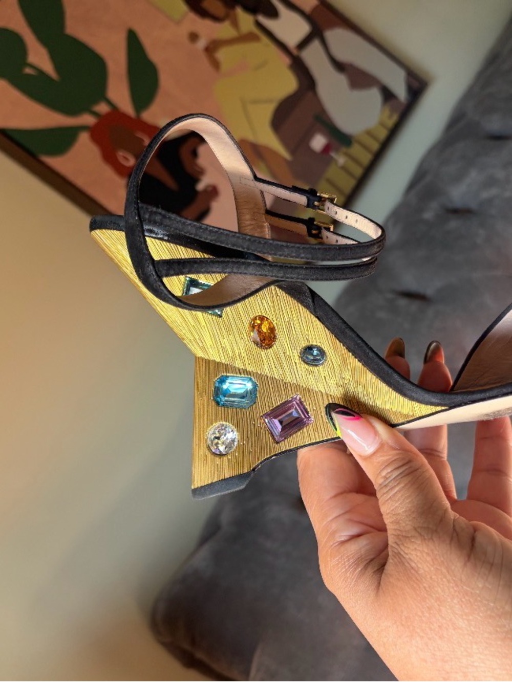Gucci Black Ankle-Strap Sandal with Yellow Jeweled Wedge Authentic Limited